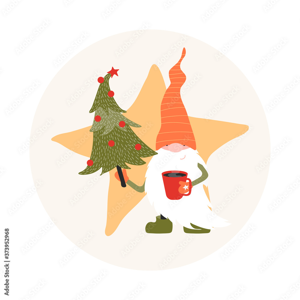 Isolated cute gnome with Christmas Tree and cup Isolated cute gnome with Christmas Tree and cup