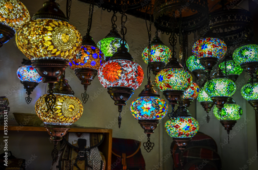 Many Colorful Traditional turkish Oriental mosaic lamp from pieces of multicolored glass.