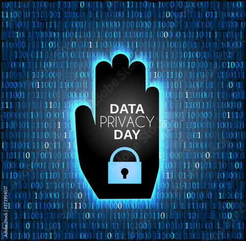 Data Privacy day abstract bacground. Hand stop with locker.