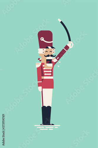 Funny shouting hussar guard soldier in parade formal dress. Cool vintage colors christmas character nutcracker waiving with cavalry sword