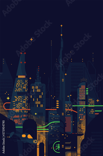 Cool vector flat design Science Fiction dystopian dark futuristic cityscape. Fantastic abstract noir megalopolis landscape with gigantic skyscrapers, structures, neon lights and other sci-fi elements
