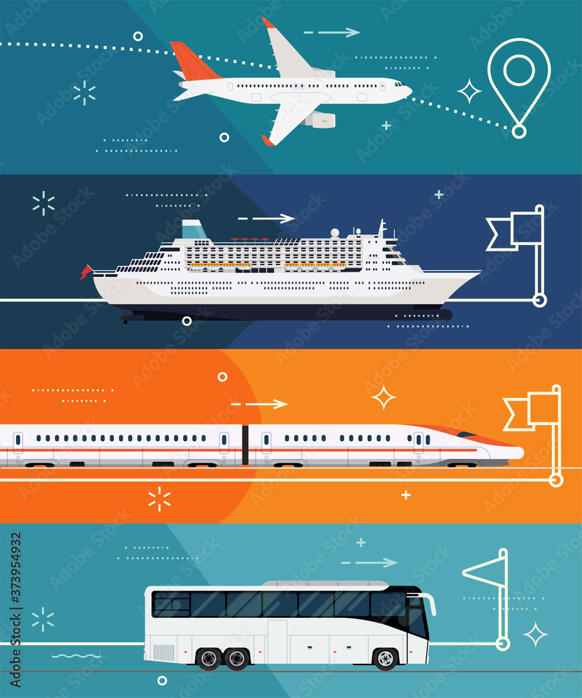 Cool set of vector flat design banner templates on travel by plane, by train, ocean liner or bus. Illustrations on different types of transport. Travel destinations and touristic routes