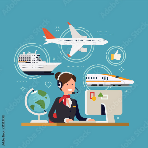 Friendly travel agent ready to serve in choosing and selling tour, cruise, airway or railway tickets or vacation package, flat design, vector. Concept illustration on travel and tourism photo