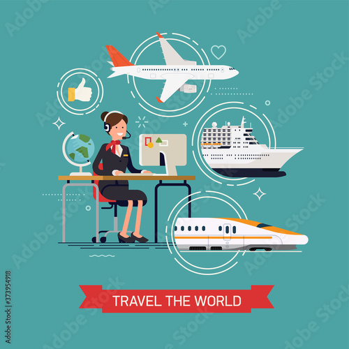 Travel the world concept illustration with friendly female travel agency specialist behind work desk with abstract travel options on background. Travel by plane, ship or train