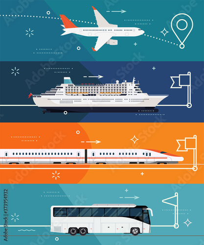 Cool set of vector flat design banner templates on travel by plane, by train, ocean liner or bus. Illustrations on different types of transport. Travel destinations and touristic routes