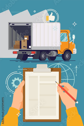 Storage, logistics, local delivery service company vector concept design with small cargo truck with opened tailgate with boxes inside and employee hands holding clipboard with abstract shipping form