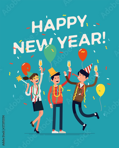 Happy New Year flat vector concept with group of people celebrating. New Year party with happy characters cheering with champagne glasses, balloons, confetti and party hats