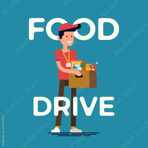 Cool vector concept illustration on food drive charity movement with cheerful volunteer holding box filled with food and groceries
