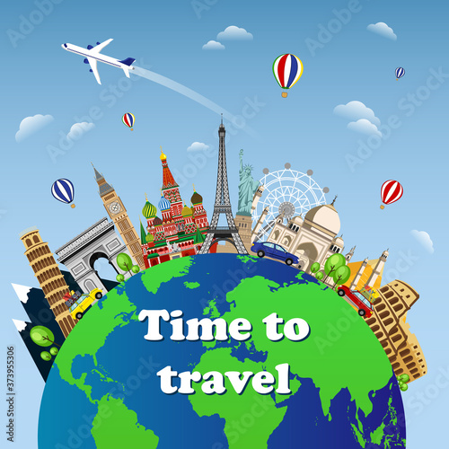 Travel to World. Road trip. Tourism. Landmarks on the globe. Welcome to travel on the world concept traveling flat vector illustration. Worldwide traveling.