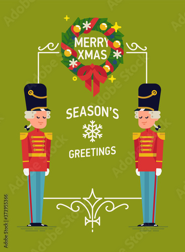 Lovely Christmas Holiday vector background with guard soldiers in hussar uniform, green wreath and sample text, flat design. Ideal for Xmas party invitations, banners and posters