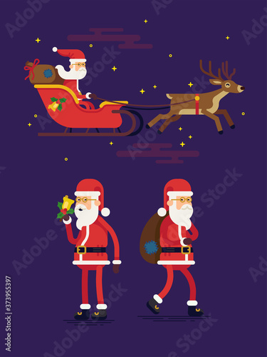 Set of flat vector flat design on special Christmas holiday character Santa Claus riding in sleigh pulled by reindeer, standing ringing jingle bell and carrying gift sack. Xmas themed personage