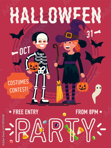 Cool vector Halloween Party poster or banner template with halloween characters in skeleton and witch costumes. All Hallows Eve celebration event flyer template with sample text and halloween items