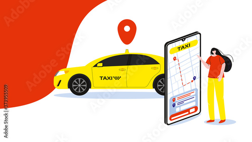 Online taxi service. App for phone. Woman ordering taxi