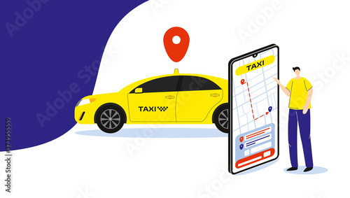 Online taxi service. App for phone. Man ordering taxi