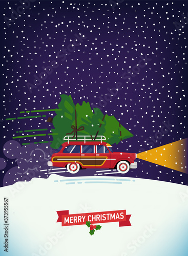 Cool vector poster template with space for text on Christmas Holidays with red retro wagon car riding fast through snowfall with headlights on carrying Christmas tree on roof. Winter season visual