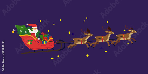 Santa Claus riding red sleigh pulled by reindeers vector flat illustration. Xmas themed character Santa Claus with Christmas tree and gift boxes in his sleigh with deers  flying in starry night sky