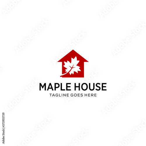 Illustration abstract nature red maple leaf on the house logo design template