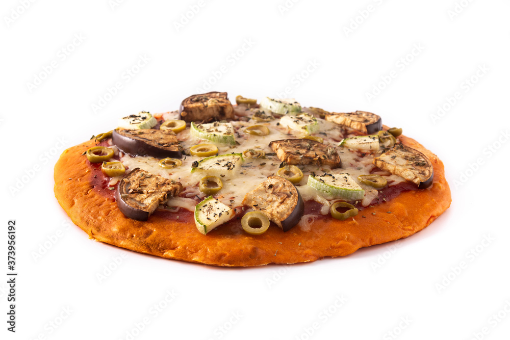 Autumn pumpkin pizza with eggplant, zucchini, olives and mozzarella cheese isolated on white background