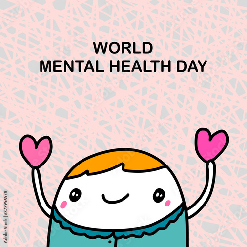 World mental health day hand drawn vector illustration in cartoon doodle style man holding hearts