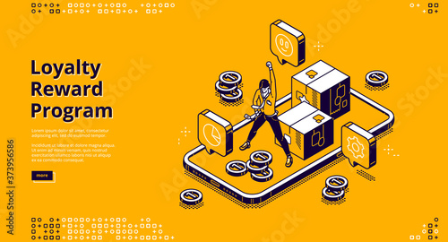 Reward program isometric landing page, loyalty cashback to customer, money back incentive commerce. Customer stand on pedestal at huge gadget with bills, coins and goblet 3d vector line art web banner