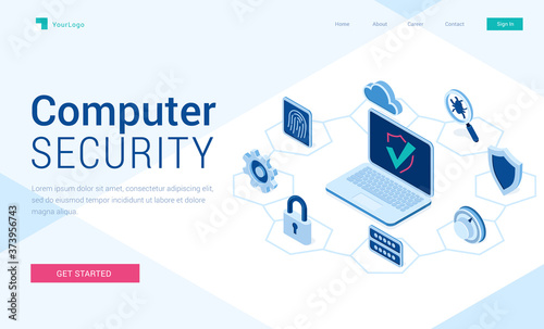 Computer security banner. Concept of safety internet technology, data secure. Vector landing page of information protect with isometric illustration of laptop and icons of padlock, cloud and shield