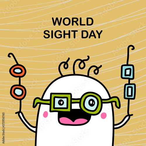 World sight day hand drawn vector illustration in cartoon doodle style man holding glasses