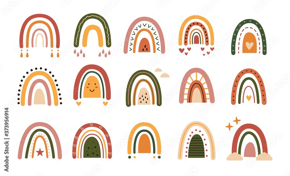 Childish hand drawn rainbow set. Boho drawing print for kids scandinavian style, cute nursery doodle print. Vector illustration Childish hand drawn rainbow set. Boho drawing print for kids scandinavian style, cute nursery doodle print. Vector illustration