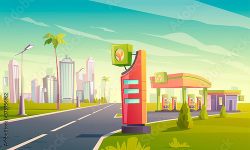 Gas and charger station with oil pump, cable with plug for electric car, market and prices display on road to tropical town. Vector cartoon cityscape with empty fuel filling station for hybrid vehicle