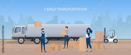 Cargo transportation banner. Movers are carrying boxes. The girl with the list checks for availability. Big truck. Carton boxes. The concept of transportation, delivery and logistics of goods. Vector.