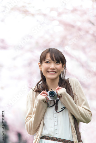 桜の写真撮影する女性