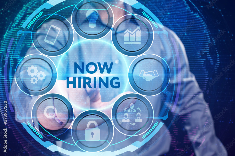 Fototapeta premium Business, Technology, Internet and network concept. Young businessman working on a virtual screen of the future and sees the inscription: