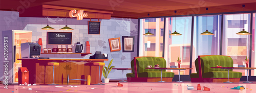 Old abandoned coffee shop with wooden counter, stools, dirty sofas and tables. Vector cartoon interior of empty cafe with broken furniture, mess and trash on floor