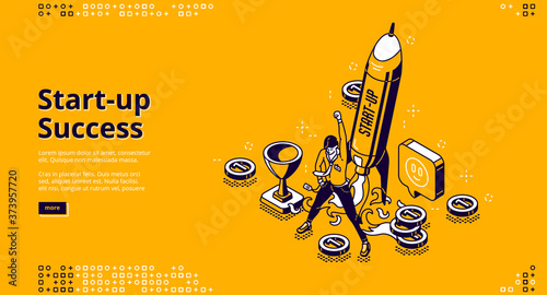 Startup success isometric landing page. Successful businessman launch business project, company growth, progress. Man in winner posture and flying up rocket concept, 3d vector line art web banner