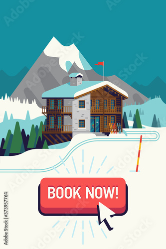 Winter holidays vacation destination booking. Choosing and reserving mountain ski lodge hotel or ski resort vector concept