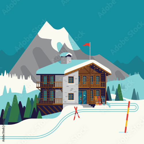 Cool vector ski resort mountain detailed landscape with lodge, spruce trees and ski tracks. Winter sports vacation destination concept background