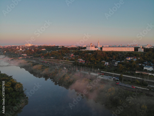 Aerial view to the river Klyazma and center of Vladimir, Russia. Photographed on drone at dawn. UNESCO world heritage.