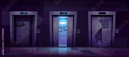 Old dirty hallway with open and closed elevator doors at night. Vector cartoon illustration of empty dark lobby with broken lifts and graffiti on wall. Messy hall interior in house in ghetto area