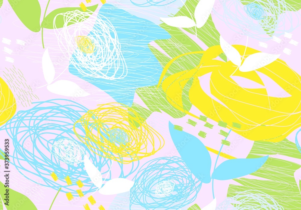 Seamless abstract pattern of silhouettes of flowers and leaves, buds on the background of blots, lines, spots and strokes Seamless abstract pattern of silhouettes of flowers and leaves, buds on the background of blots, lines, spots and strokes