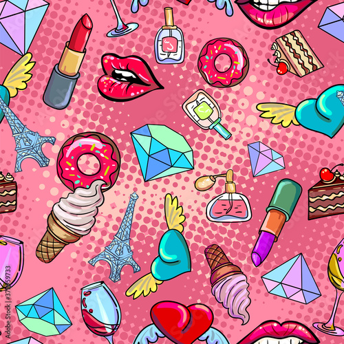 Girlish Pop Art Retro Seamless Pattern. Girly background with fashion patch badges - female lips, macaroni, ice cream, diamonds and perfume. Vintage vector wallpaper