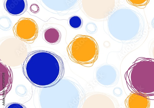 Бесшовный абстрактный узор из разноцветных кругов и линий на белом фоне.