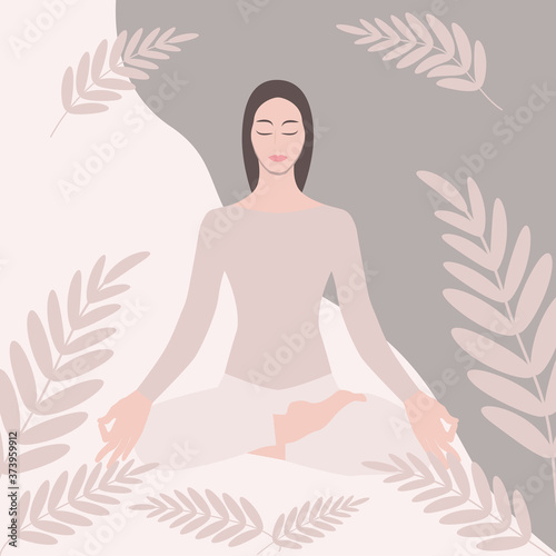 Yoga. Woman sitting in lotus position - abstract leaves background - vector. Mental health.