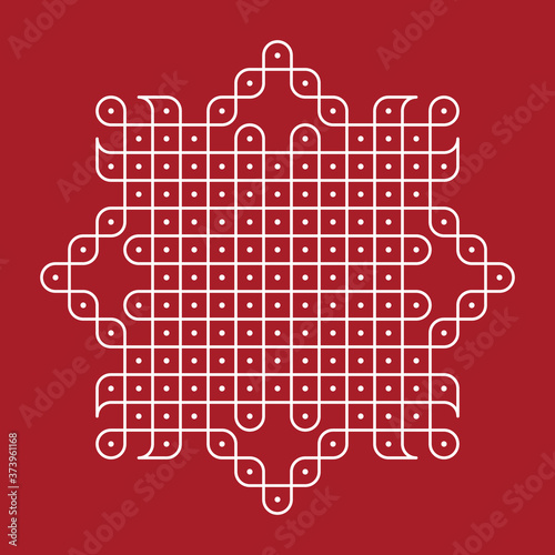Rangoli or muggu or kolam is an art form originating in the Indian subcontinent. Patterns are created on the floor or the ground using materials such as limestone powder, rice powder or flower petals. photo