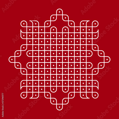 Rangoli or muggu or kolam is an art form originating in the Indian subcontinent. Patterns are created on the floor or the ground using materials such as limestone powder, rice powder or flower petals.