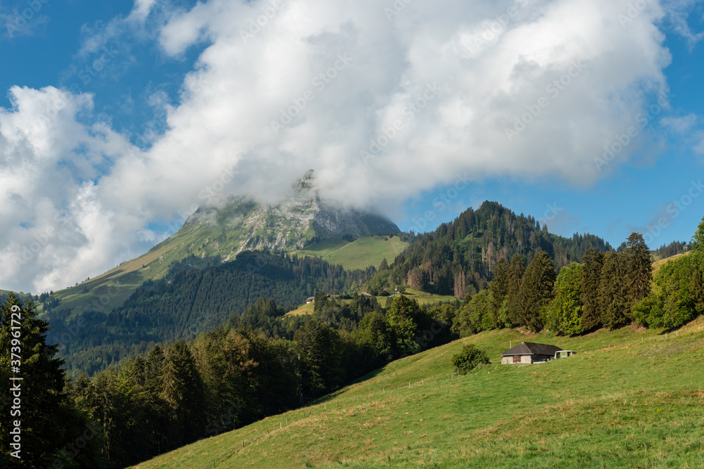 Swiss field, a house and a view on Le Moleson in the clouds, Switzerland 