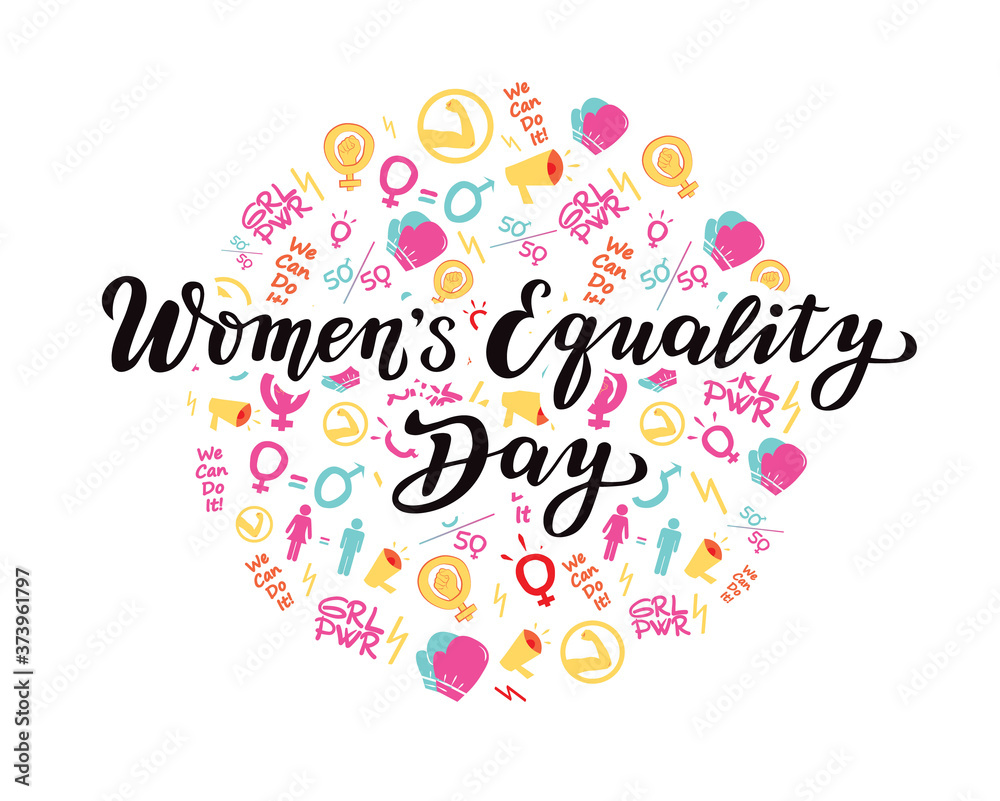 women's equality day lettering text. calligraphy for print or web. august celebrations. girl power. we can do it;
