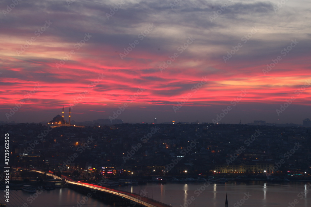 Istanbul long exposure from Galata Tower during sunset