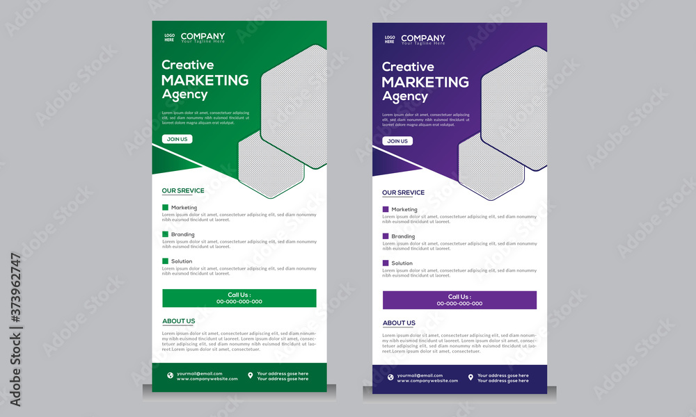 Creative marketing agency dl flyer or rack card template without bleed. Green and purple color one side dl flyer design