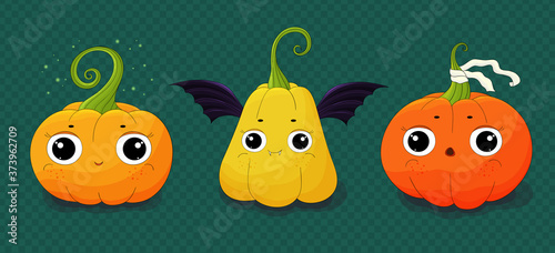 Cute Halloween pumpkins set. Smiling face Halloween pumpkins Jack  lantern  light. Many types pumpkins. Colorful beautiful cartoon pumpkin. Hand drawn illustration. Squash monsters collection.
