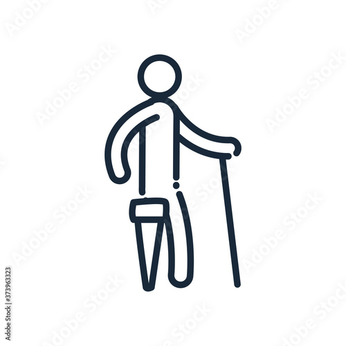 man with cane and leg prosthesis line and fill style icon vector design