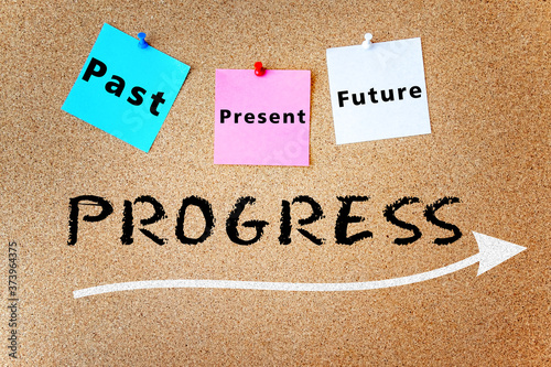 Past present and future time progress concept on on cork blackboard